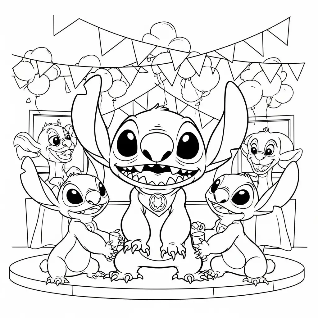 Desenho do Stitch em uma festa para colorir