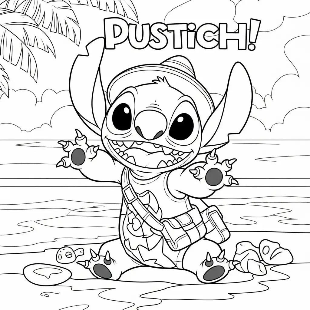 Desenho do Stitch se divertindo na praia para colorir