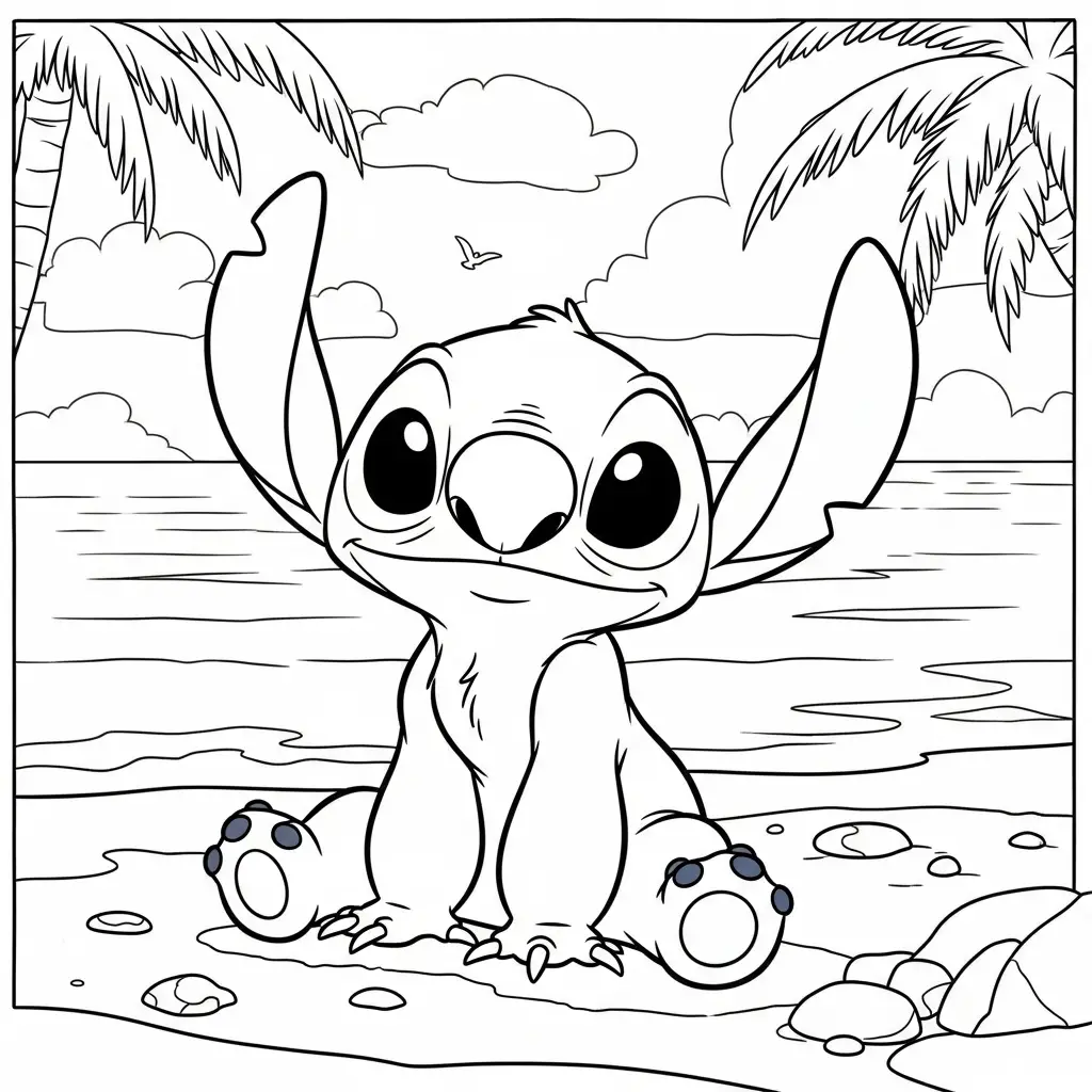Desenho do Stitch sentado na praia para colorir